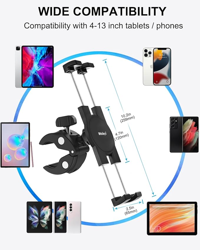 woleyi Spinning Bike Tablet Mount Holder, Indoor Stationary Exercise Bikes Tablet Clamp, Gym Treadmill Elliptical Handlebar Clamp for iPad Pro/Air/Mini, Galaxy Tab/Z Fold, iPhone, Fire, 4-13" Devices