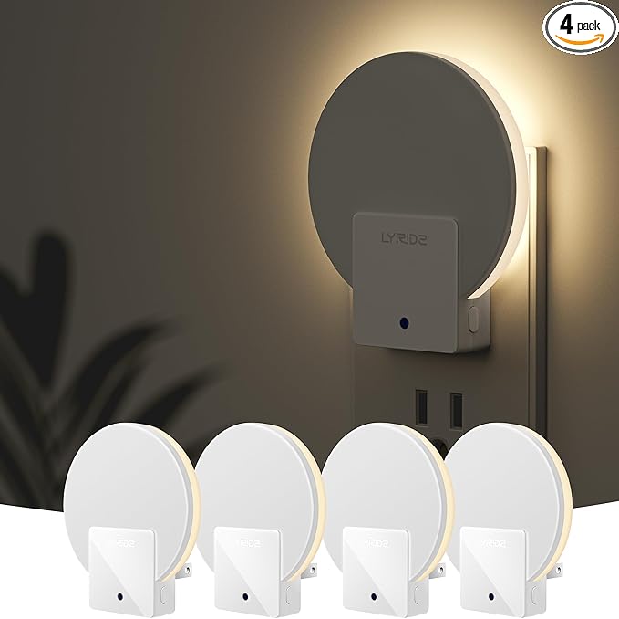 Lyridz Plug in LED Backlit Night Light with Auto Dusk to Dawn Sensor, 1-50 LM Dimmable Warm White Nightlight Indoor for Bedroom, Bathroom, Kids Room, Pet House, Kitchen, Stairs, Hallway, 4 Pack