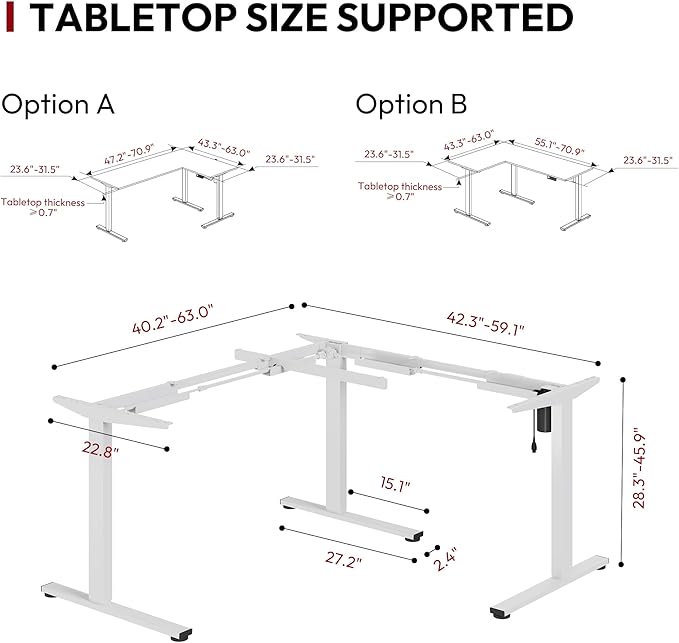 SANODESK Electric Height Adjustable 3 Leg Corner Desk Frame, up to 220lbs, Sit Stand Ergonomic L Shaped Frame Only, White