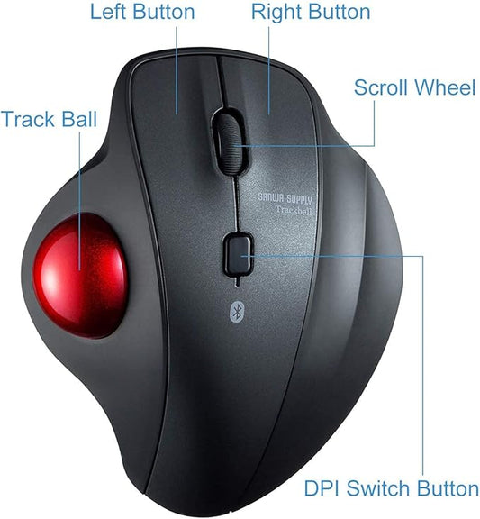 SANWA Bluetooth Ergonomic Trackball Mouse, Optical Vertical Rollerball Mice, Silent Buttons, 600/800/1200/1600 Adjustable DPI, Compatible with MacBook, Windows, macOS, iPad, Android, iOS, Chrome OS