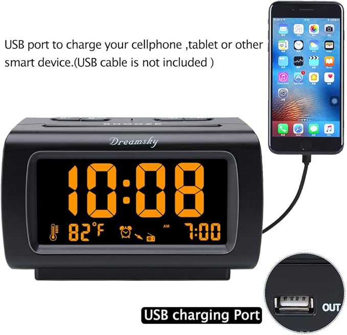 DreamSky Alarm Clock Radios for Bedrooms with Battery Backup, Large Big Numbers with Brightness Dimmer, USB Port, Bedside Digital FM Radio with Sleep Timer, Temperature, Adjustable Volume, Snooze