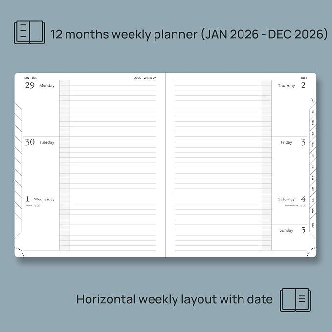 POPRUN Weekly Planner 2026 Calendar (Large 8.5" x 10.5") 12 Months Notebook with Horizontal Layout, Leather Hardcover, Inner Pocket, 100GSM Thick Paper, Pen Holder - Navy Blue