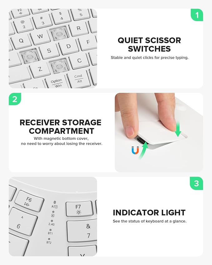 DeLUX Full Size Wireless Ergonomic Keyboard with Palm Rest, Ultra-Thin Split Keyboard, Bluetooth and 2.4G Connection, Rechargeable Battery, Natural Typing (GM909-White)