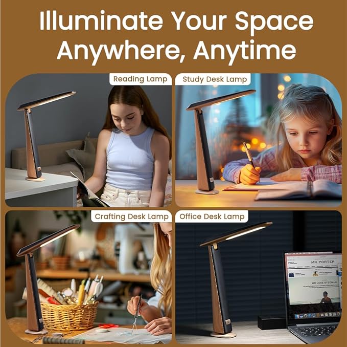 WILIT Foldable Portable Desk Lamp,Battery Operated Rechargeable Lamps Cordless,Eye-Caring LED Table Lamp with 3 Color Temperatures,Stepless Brightness,Desk Lamps for Office Home College Essentials