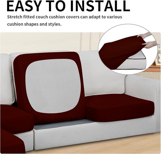 Easy-Going 100% Waterproof 4 Pieces Couch Cushion Covers for Sectional Sofa Left/Right L Shape Chaise Lounge Sofa Seat slipcover Anti-Slip Sofa Cover (3 Seater + 1 Chaise, Wine
