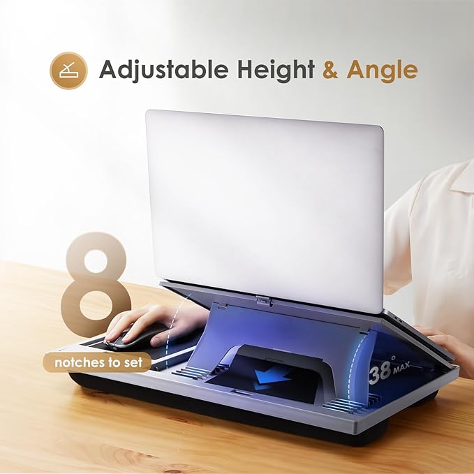 LORYERGO Adjustable Laptop Desk with Cushion, Mouse Pad & Cellphone Slot - Laptop Stand for Bed & Couch, Riser for Home & Office (Grey)