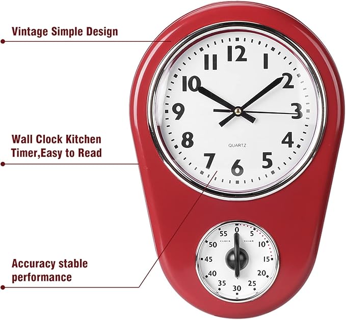 Retro Kitchen Timer Wall Clock, Vintage Wall Big Watch Hanging Clock Home Kitchen Timer Bell Shape Red for Indoor Living Room Decoration