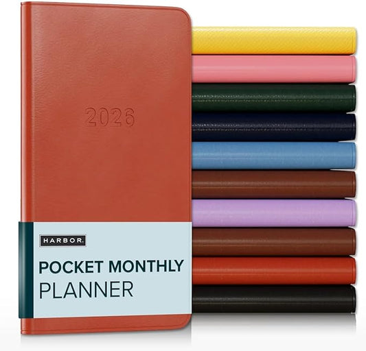 Harbor Pocket Monthly Planner 2025-2026, Calendar Planner and Notebook, Durable Faux Leather, 18 Months, 96 Pages, Softcover & Lightweight - Cambridge Burnt Orange - 6 x 3.25 "
