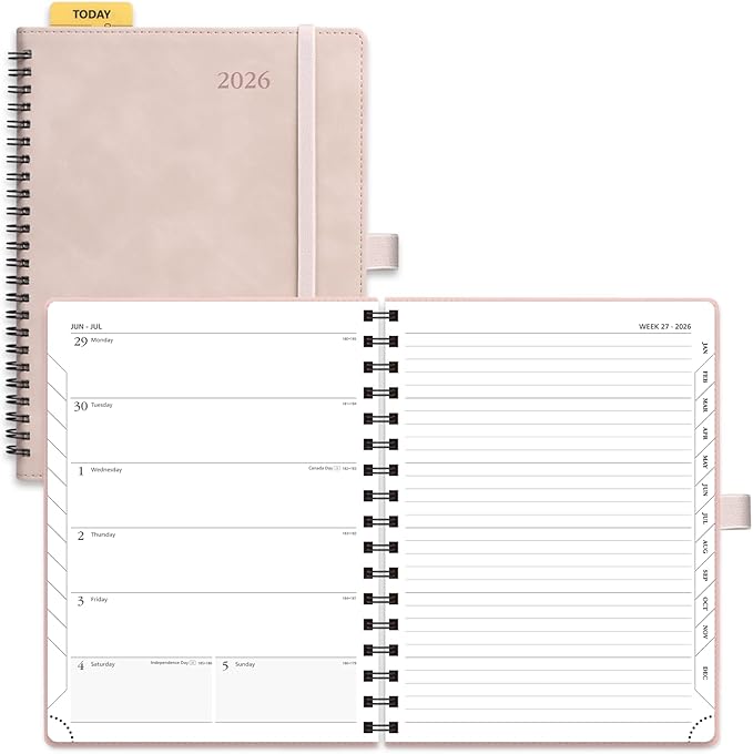 POPRUN 2026 Planner Weekly Notebook (Jan-Dec), Medium 8.5''x 6.5'' - Agenda 2026 Calendar Book with Monthly Tabs, Inner Pocket, Spiral Soft Cover, 100 GSM - Soft Pink