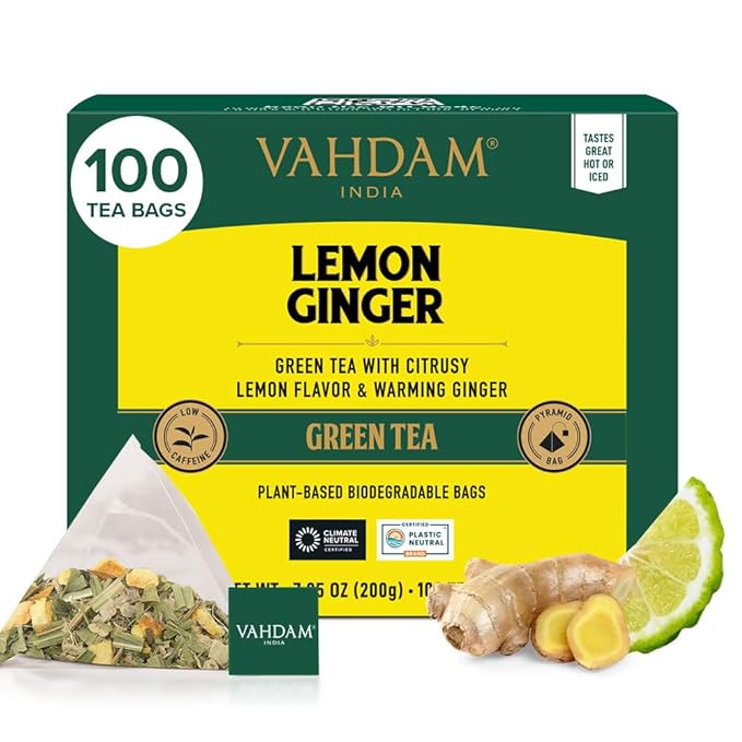 VAHDAM, Lemon Ginger Tea Bags (100 Green Tea Bags) Low Caffeine | Fruity Flavor - Zesty Lemon & Ginger, Orange Peel | Resealable Ziplock Pouch | Brew Hot or Iced Tea