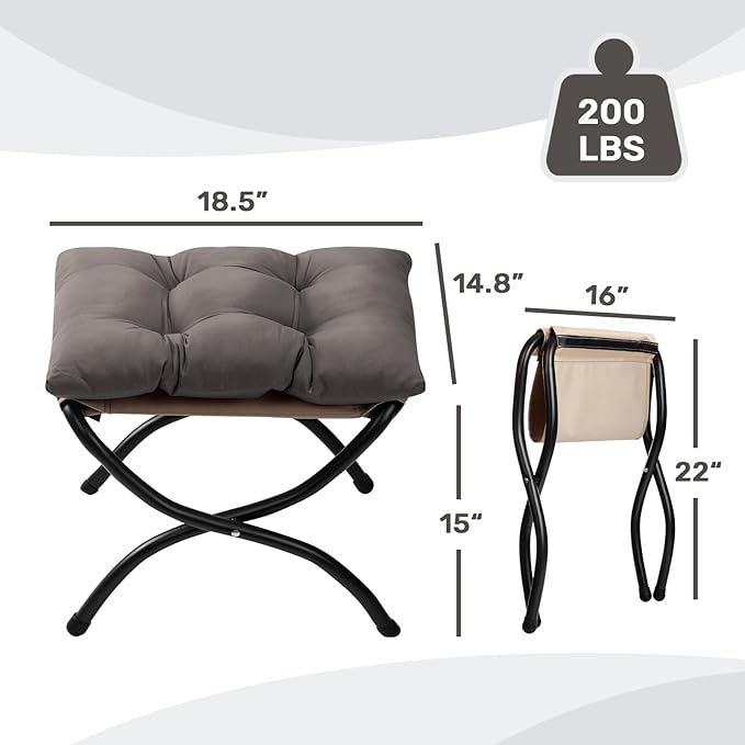 HollyHOME 15"(H) Folding Footrest Stool, Upholstered Small Foldable Ottoman, Accent Padded Sofa Foot Stool for Lazy Chair, Metal Frame Portable Foot Rest Ottoman for Living Room, Bedroom, Dark Grey