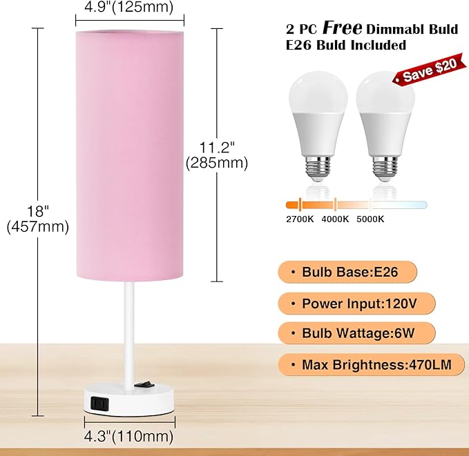 ZJOJO Table Lamp for Bedroom 2 Pack,18in Bedside Lamps with 3 Way Dimmable Rocker Switch & AC Outlet,Nightstand Desk Lamp with Pink Fabric Shade White Base for Living Room Home Decor Lights