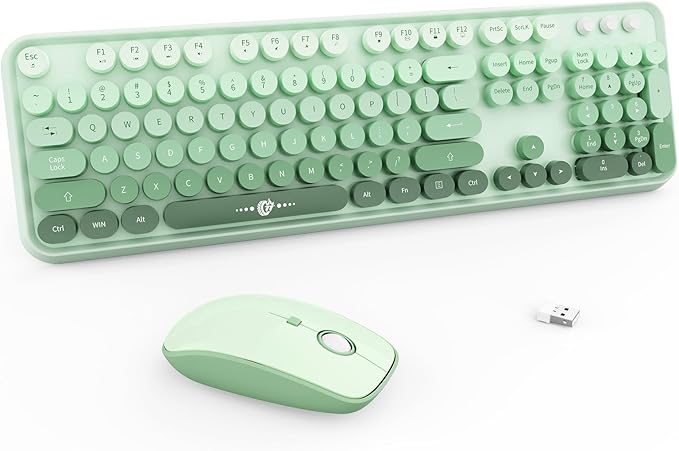 Wireless Keyboard Mouse Combo,104 Round Keys Cute Colorful Keyboard Retro Typewriter Style,Letton Full Size Keyboard with Number Pad&Mouse with 3 DPI for PC Mac Laptop Computer Windows-Green