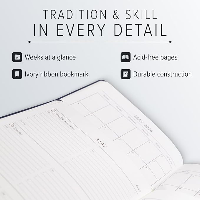 Gallery Leather Desk Hourly Weekly Monthly Planner 2025-2026, Elegantly Bound Calendar Planner and Notebook with Stylish Gold-Gilded Page Edges, 12 Months - Acadia Malibu - 8 x 5.5 "