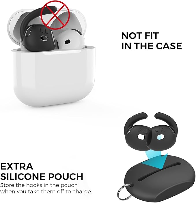 AhaStyle Ear Hooks for AirPods 4th Generation (2024) 【Added Storage Pouch】 3 Pairs S/M/L Anti-Slip Ear Covers Silicone Accessories Compatible with Apple AirPods 4th Gen (Large+Medium+Small, Black)