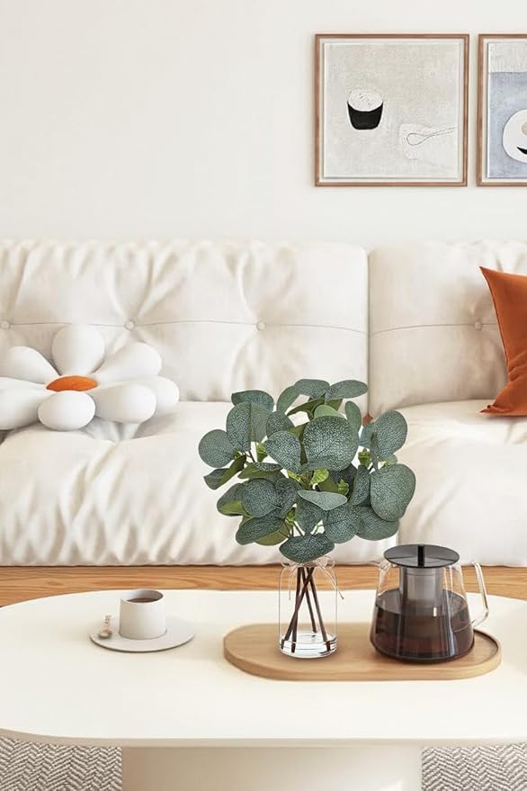 Artificial Eucalyptus Stems in Glass Vase with Faux Water,Artificial Plants Eucalyptus Leaves for Shelf Desk Bathroom Farmhouse Room Coffee Table Home Decor, Central Decoration.