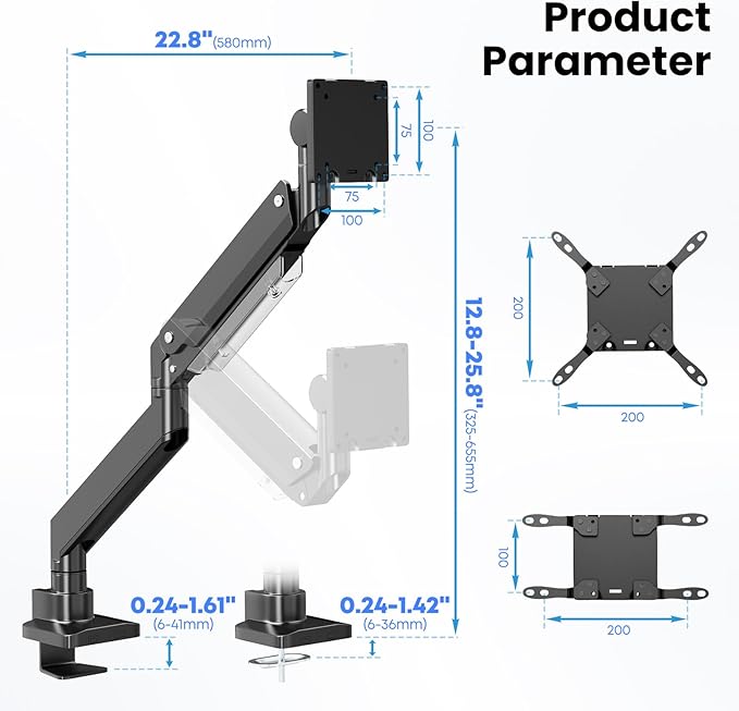 PUTORSEN 17-57 Inch Ultrawide Monitor Arm and TV Desk Mount,up to 59.4 lbs, Premium Aluminum Single Monitor Arm Desk Mount with Gas Spring, Steel Reinforcement Plate, VESA 75x75 to 200x200