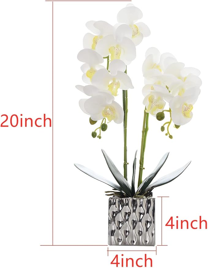 LISU Artificial Orchids, Silver Vases, Home Decoration Flower Arrangements, Fake Flowers in Vases. (C:White)