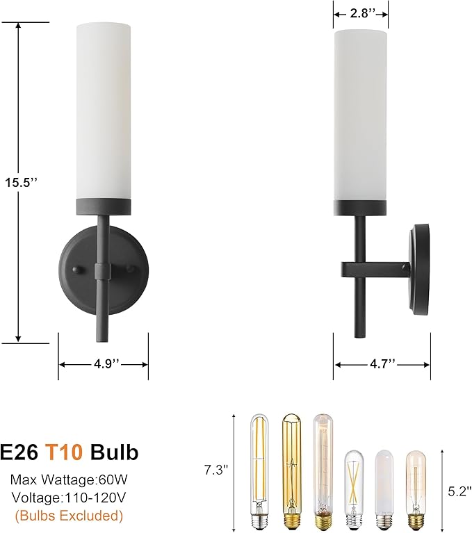 Wall Sconces Set of Two,Matte Black Bathroom Sconces Wall Lighting with White Glass, Modern Sconces Wall Decor Set of 2 Wall Light fixtures for Bathroom Mirror Living Room Hallway Bedroom Wall Lamp