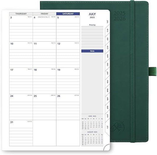 POPRUN Monthly Planner 2025-2026, Large-8.5'' x 11.25'', 13-Monthly Calendar Book (July 2025-July 2026) Academic Calendar Planner with Stair Tabs, PU Leather Soft Cover, 100GSM - Forest Green