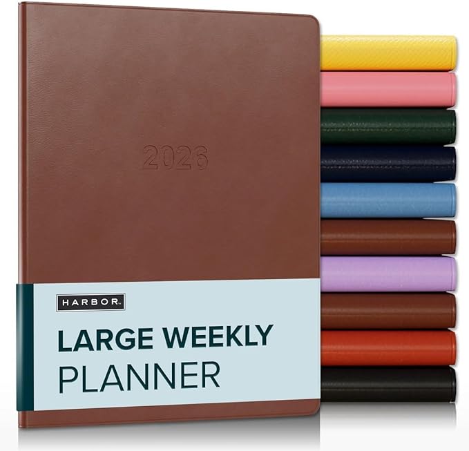 Harbor Large Weekly Monthly Planner 2025-2026 - Calendar Planner and Notebook, Durable Faux Leather, 192 Pages, Softcover & Book Bound - Cambridge Cognac - 9.75 x 7.5 "