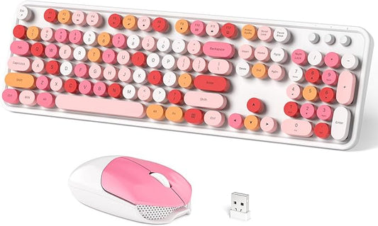Wireless Keyboard and Mouse Combo, MOWUX Full Size Typewriter Retro Round Computer Keyboard, Mouse Wireless, Plug and Play, for Laptop, PC, Computer- White Colorful