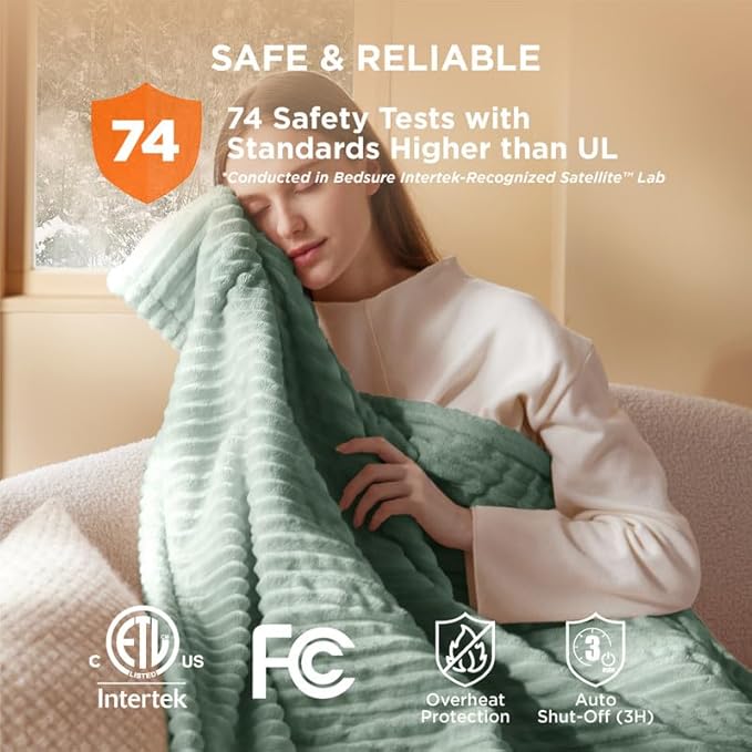 Bedsure GentleSoft Heated Blanket Throw - Soft Ribbed Flannel Electric Blanket, Heating with 4 Time Settings, 6 Heat Settings, and 3 hrs Timer Auto Shut Off, Gifts for Grandma (50x60 inches, Green)