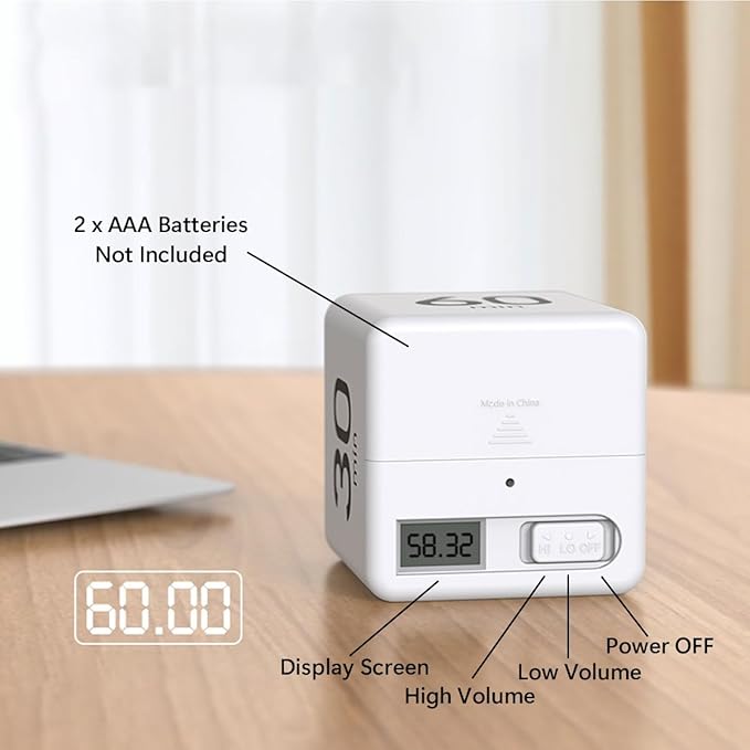 Cube Timer, Gravity Sensor Flip Timer for Study, Work, Game, Task, Kitchen, Kids, ADHD, Productivity, Workout (White 15-20-30-60)