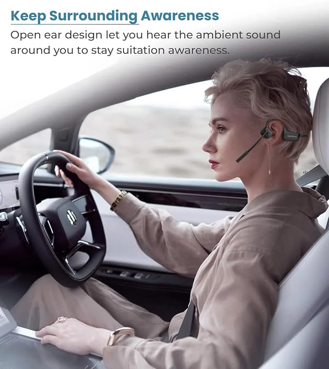 Bone Conduction Bluetooth Headphones with Microphone Wireless Computer Headsets with Mic Noise Canceling Open Ear Large Battery Multi-Point Connection for Working Cycling Driving Meeting