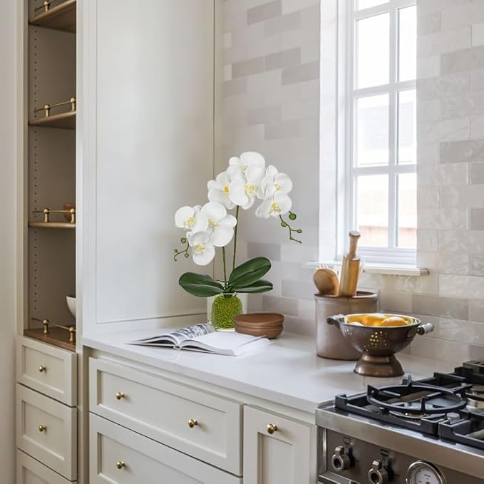 White Orchids Artificial Flowers 16.1" Faux Orchids Plant in Pot Fake Flower Arrangements with Glass Vases Small White Centerpieces for Kitchen Dining Room Tables Bathroom Nightstand Shelf Desk Decor