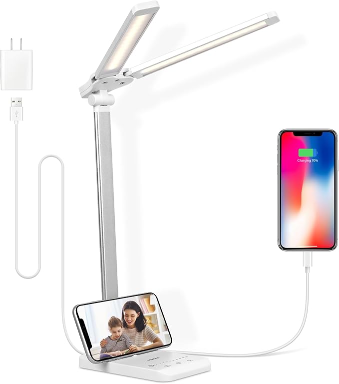 Semlos Dual Head LED Desk Lamp, Eye-Caring Table Lamps, 5 Lighting Modes & 5 Brightness Levels, Touch Control, Dimmable Desk Light for Home Office, White Reading Light, Adapter Included