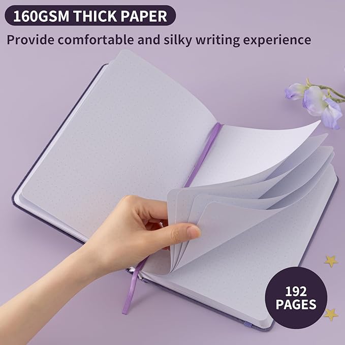 Dot Grid Journal with 160GSM Thick Paper, 192 Pages, A5 Dotted Notebook for Work, School, Travel | 180° Lay Flat, Foil Stamped Cover, Elastic Band, 2 Bookmarks & Inner Pocket (Purple)