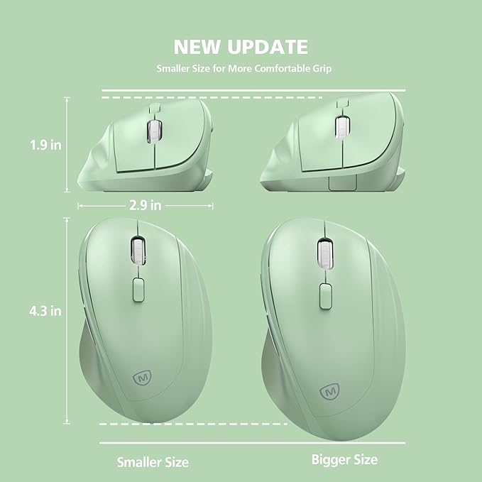 Ergonomic Wireless Mouse with USB Receiver for PC Computer, Laptop and Desktop, Ergo Vertical Mouse with Silent Clicks Long Battery Life, Up to 1600 DPI & 1 AA Battery Powered, Green