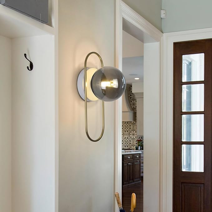 Modern Farmhouse Sconces Wall Lighting Brushed Gold Globe Wall Sconce Smoked Glass Bathroom Vanity Light Brass Sconces Hard Wired