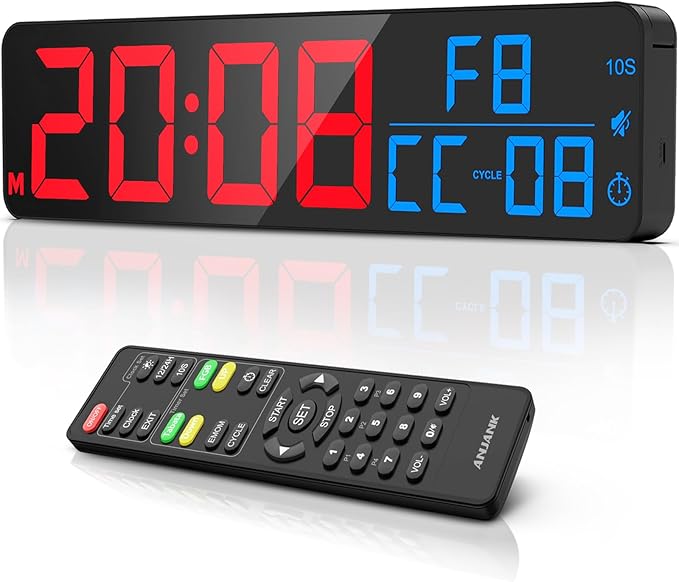 ANJANK 15" Large Gym Timer, LED Digital Wall Clock with Seconds, Timing for Workout, Interval & Rounds, Countdown/Up/Stopwatch/12-Level Volume, Remote Control for Home, Garage, Gym, Crossfit, Fitness