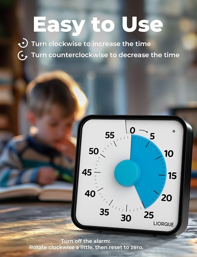 LIORQUE 60 Minute Visual Timer for Kids and Adults, Non-Ticking 7.5 Inch Large Visual Countdown Timers for Classroom Desk Countdown Clock with Magnetic Backing, Kids Pomodoro Timer Clock