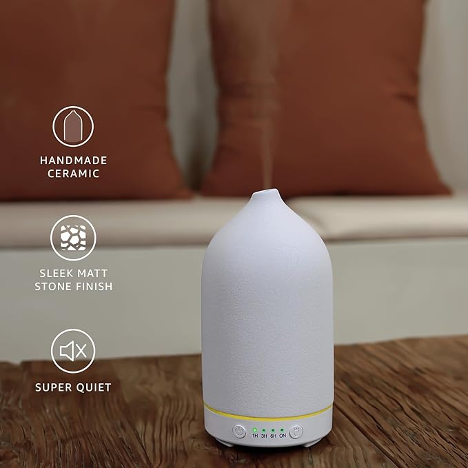 200ML Ceramic Essential Oil Diffuser - Ultrasonic Aromatherapy & Humidifier with 7-Color LED Lights, Auto Shut-Off, White, 1H/3H/6H Timer | Scent for Home,Office,Yoga