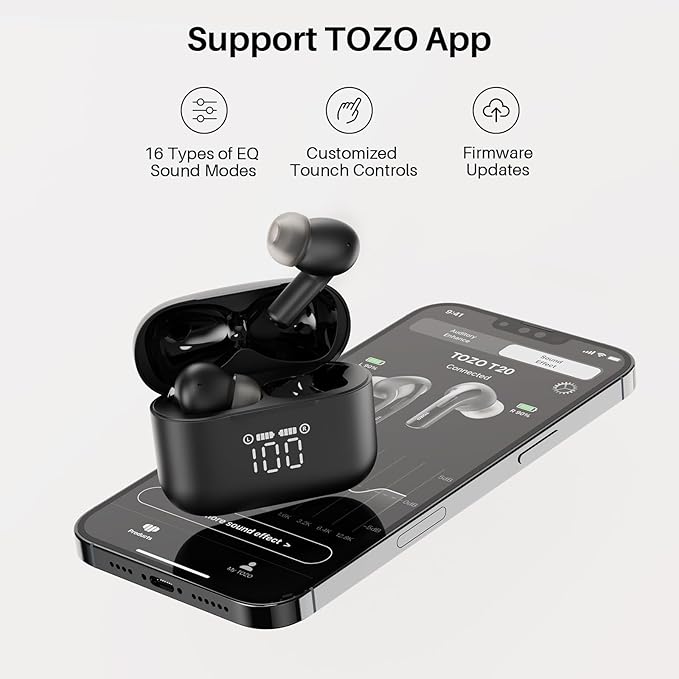 TOZO T20 Wireless Earbuds Bluetooth Headphones 48.5 Hrs Playtime with LED Digital Display, IPX8 Waterproof, Dual Mic Call Noise Cancelling 10mm Broad Range Speakers, 2025 Version