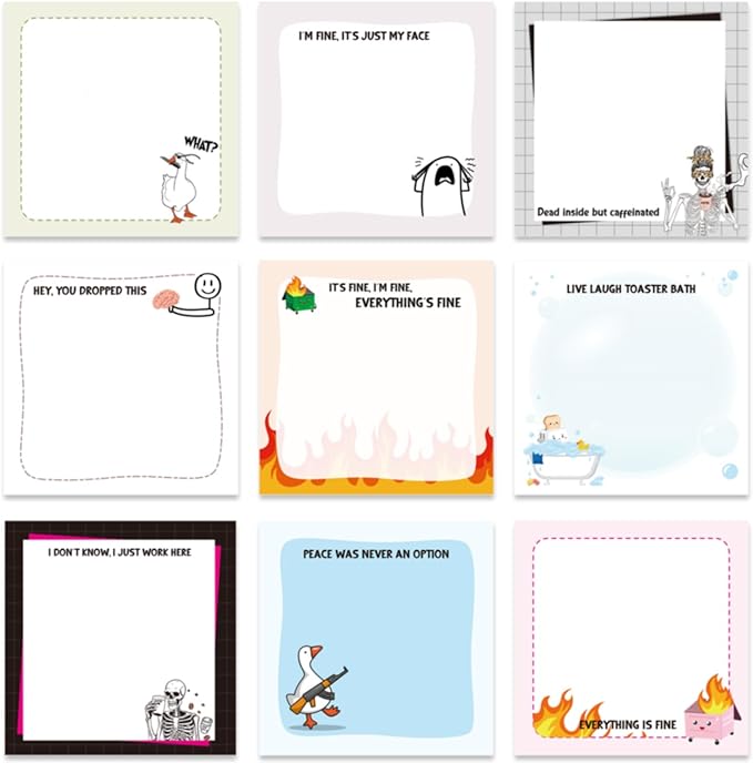 Funny Sticky Notes Gifts - 9 Pack Funny Sticky Notes 3x3 Inch Office Gifts for Coworkers Everything is Fine Post Memo Pads Work Gag Self-Stick Notepads Office Study Supplies 450 Sheets