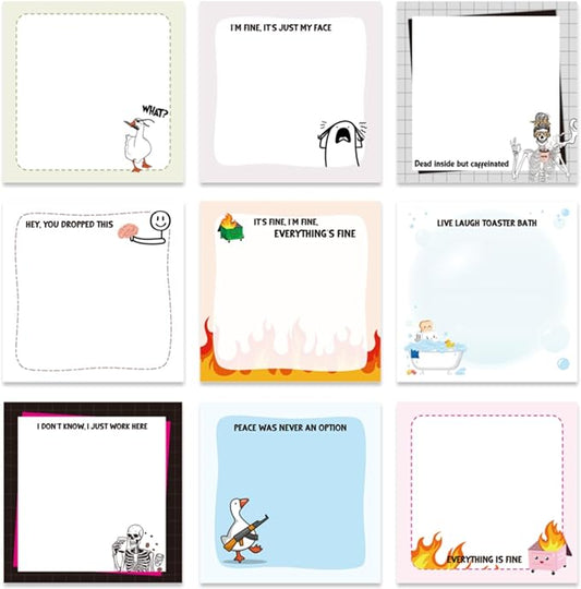 Funny Sticky Notes Gifts - 9 Pack Funny Sticky Notes 3x3 Inch Office Gifts for Coworkers Everything is Fine Post Memo Pads Work Gag Self-Stick Notepads Office Study Supplies 450 Sheets