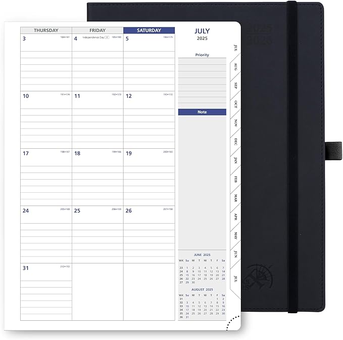 POPRUN Monthly Planner 2025-2026, Large-8.5'' x 11.25'', 13-Monthly Calendar Book (July 2025-July 2026) Academic Calendar Planner with Stair Tabs, PU Leather Soft Cover, 100GSM - Black
