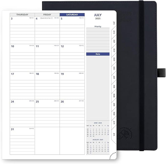 POPRUN Monthly Planner 2025-2026, Large-8.5'' x 11.25'', 13-Monthly Calendar Book (July 2025-July 2026) Academic Calendar Planner with Stair Tabs, PU Leather Soft Cover, 100GSM - Black