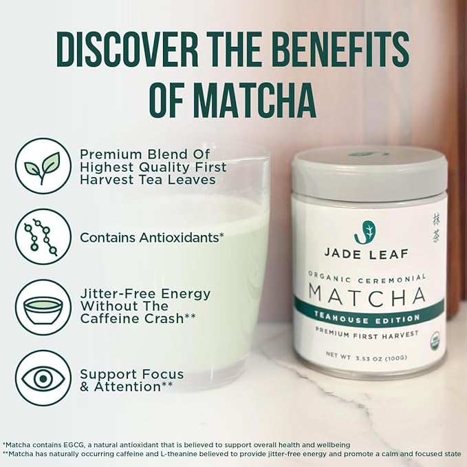 Jade Leaf Matcha Organic Ceremonial Green Tea Powder - Teahouse Edition - Premium First Harvest Ceremonial Grade- Authentic Japanese Origin (1.06 Ounce Pouch)
