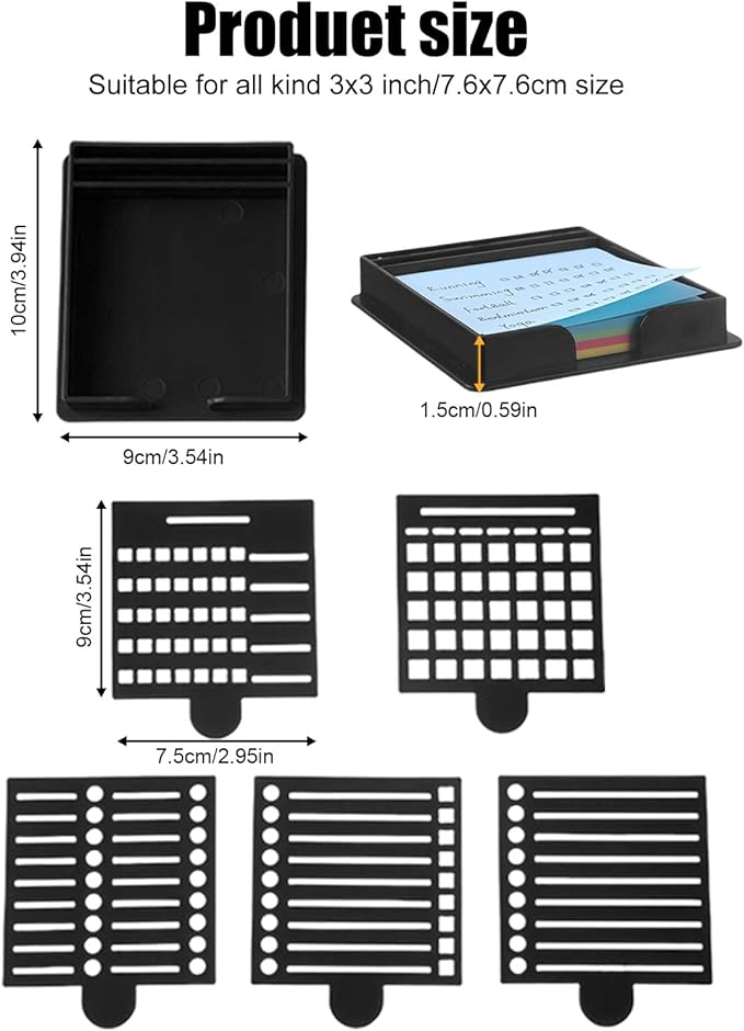 Sticky Note Holder with Stencils, 3x3 Sticky Note Holder,Sticky Note Stencil Template Perfect for to-Do Lists, Home, Office, Sticky Notes Dispenser, Reusable Note Organizer (Black)
