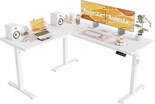 Agilestic 59 Inch L Shaped Standing Desk Adjustable Height, Electric Corner Standing Desk, Sit Stand Computer Table with Splice Board, White