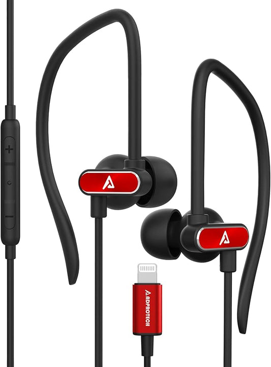 Lightning Earbuds with Ear-Hook Sports Earphones for iPhone 14/13/12/11 Pro Max/X/XS Max/XR - MFi Certified with Mic Red
