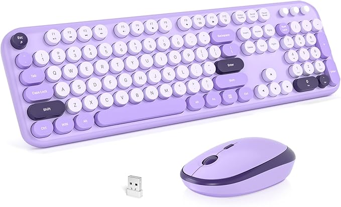 Wireless Keyboard and Mouse Combo, MOWUX Full Size Typewriter Retro Round Computer Keyboard, Cute Optical Mouse Wireless, Plug and Play, for Laptop, PC, Computer- Violet Field