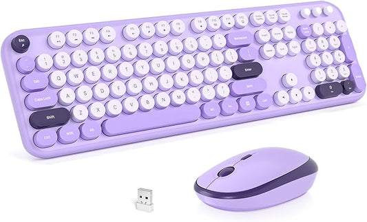 Wireless Keyboard and Mouse Combo, MOWUX Full Size Typewriter Retro Round Computer Keyboard, Cute Optical Mouse Wireless, Plug and Play, for Laptop, PC, Computer- Violet Field