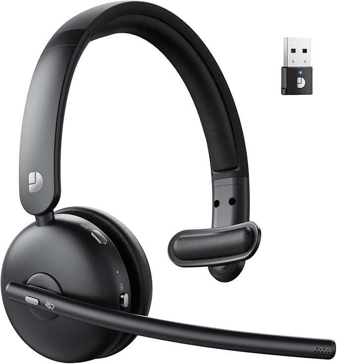 Wireless Headset with Mic for Work, Bluetooth 5.3 Headsets with AI Noise Cancelling, 65H Battery & Mute Function, Single-Ear Wireless Headset & USB Dongle, Fit for PC/Laptop/Teams/Skype/Call Center