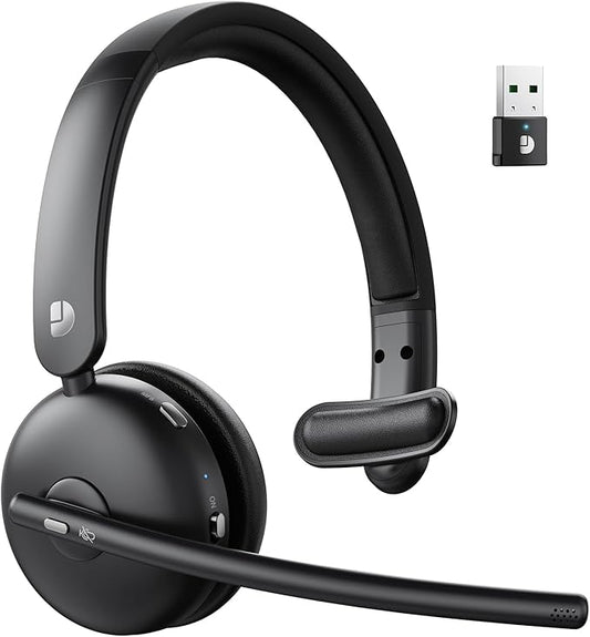 Wireless Headset with Mic for Work, Bluetooth 5.3 Headsets with AI Noise Cancelling, 65H Battery & Mute Function, Single-Ear Wireless Headset & USB Dongle, Fit for PC/Laptop/Teams/Skype/Call Center